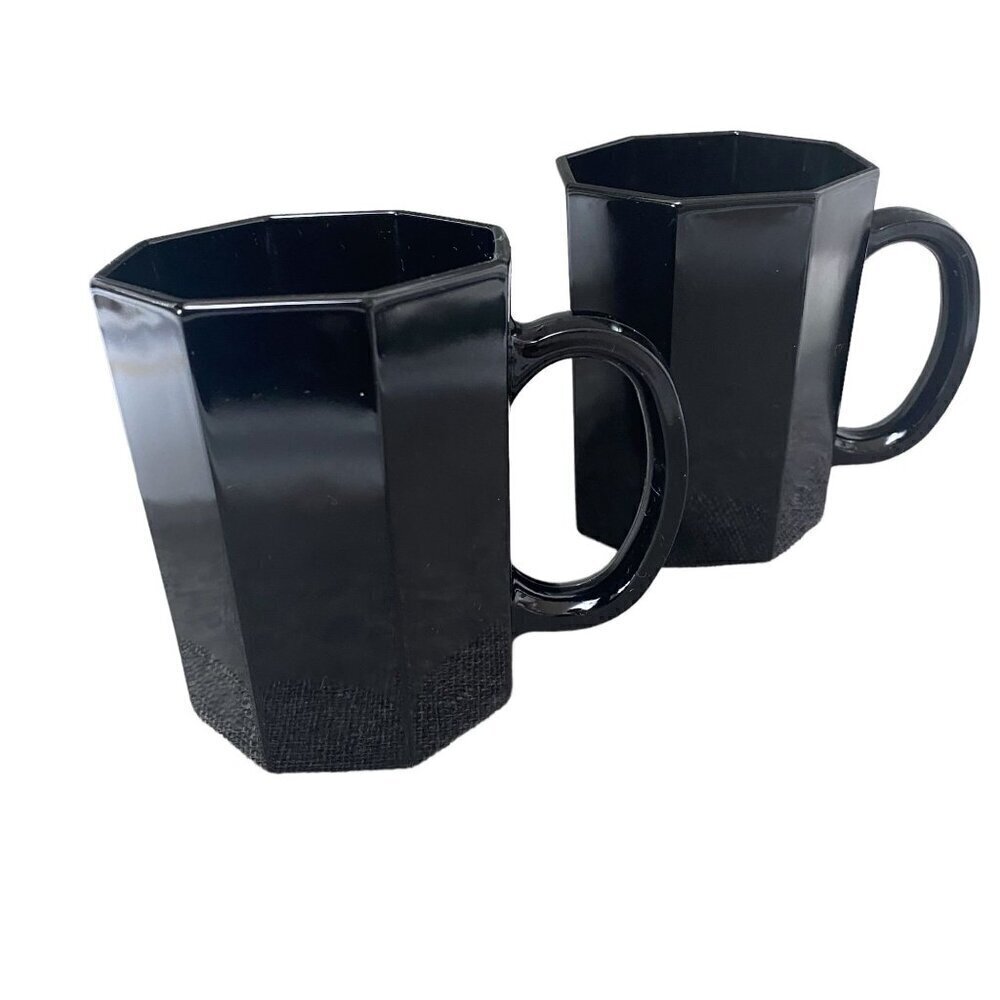 ARCOROC Mugs Set of 2 Black Glass Made in France Modern Octagonal